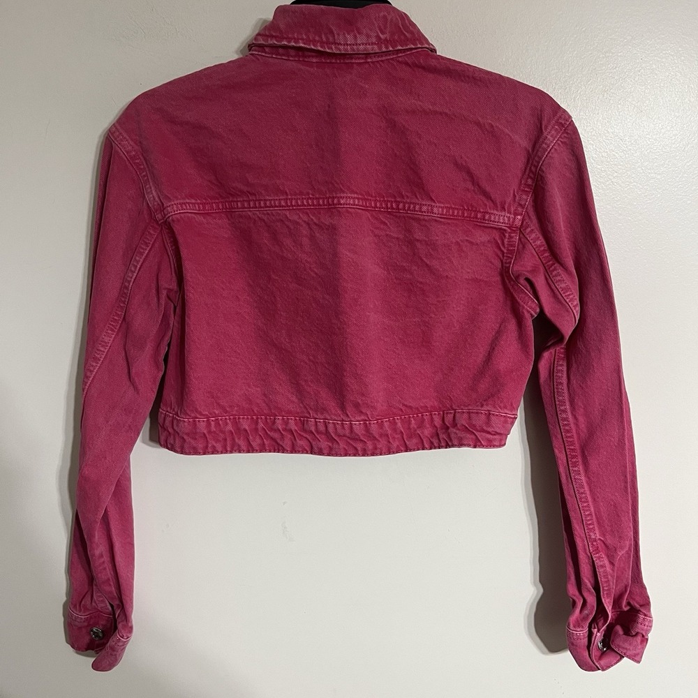 Zara Z1975 Cropped Denim Jean Jacket Barbiecore Pink Size Medium - Picture 9 of 9
